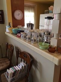 Vintage kitchen items including two blenders and a wonderful Czechoslovakian spice canister set!