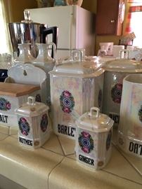 Vintage kitchen items including two blenders and a wonderful Czechoslovakian spice canister set!