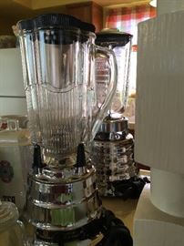 Vintage kitchen items including two blenders and a wonderful Czechoslovakian spice canister set!
