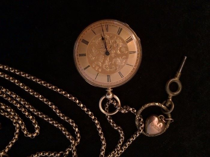 antique gold pocket watch. 1850-1870. Movement is marked Meyer Boissonnas Geneve. Outer case is marked Baumgart 223 Regent Street. 