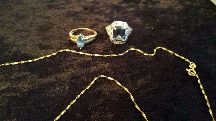 10k diamond topaz ring, 10k marked ring, 14k gold Israel necklace