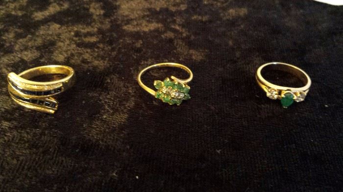 14k gold and sapphire diamond ring, 10 kt gold emerald diamond ring, 14kt diamond emerald ring