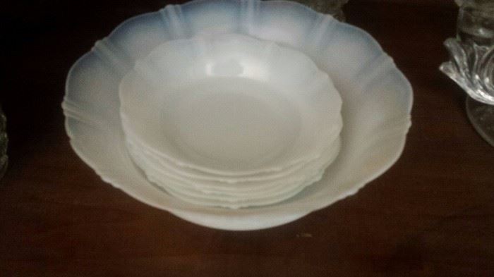 Depression glass bowl set in blue/white opalescent by MacBeth-Evans "American Sweetheart". 