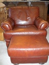 Leather Sofa/couch, reclining chair and ottoman. Leather chair in corner, china cabinet