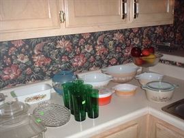 Pyres 3 piece bowl set; Refrigerator dishes; Forest green glasses