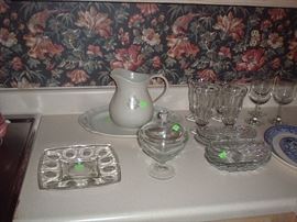 Deviled egg plate; candy dish; soda fountain glasses & sundae dishes