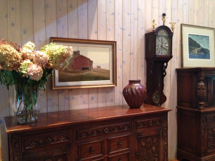 Carved Sideboard Hale Johnson Painting and Dutch Clock