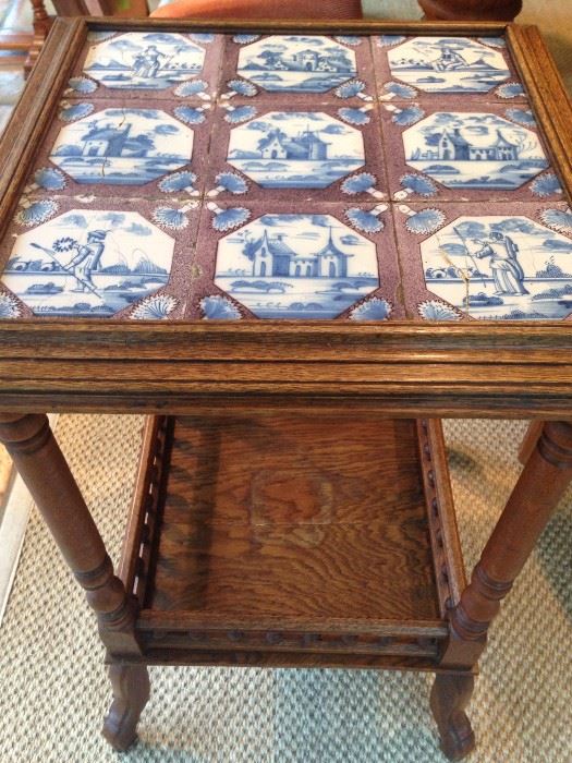 Oak Side Stand with Delft Tile Top