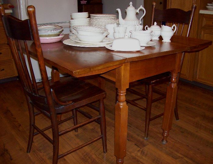 Antique drop leaf table, pair side chairs & all white multi piece set of "Old Chelsea" china