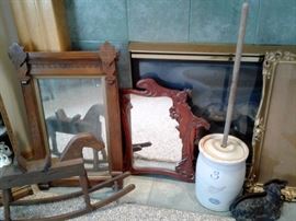 Red Wing buttern churn in great condition, primitive rocking horse, large cast iron chocoalte mold, Art Nouveau mirror