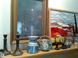 Selection of unique Roseville pottery and beautiful antique pastel framed art