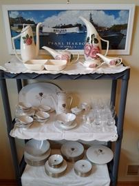 Large set of Rosenthal brown rose china set and Red Wing rose coffee service