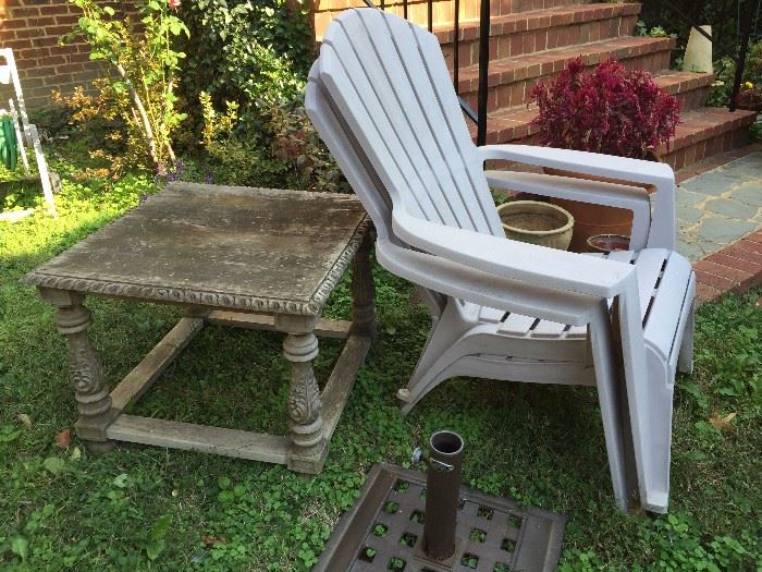 Outdoor table, umbrella stand and Adirondack Chairs
