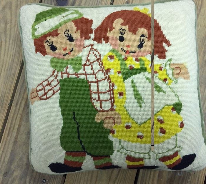 Vintage Raggedy Ann and Andy Needlepoint Pillow