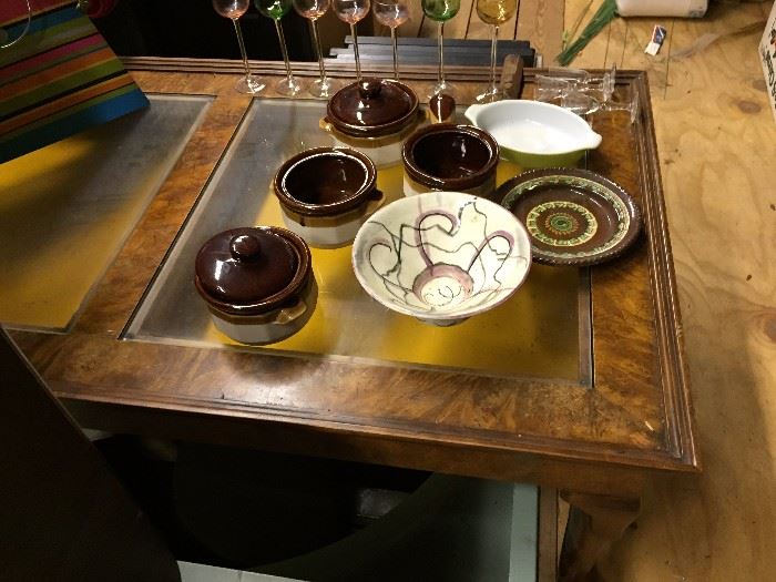 Vintage glassware, crockery and glass topped coffee table