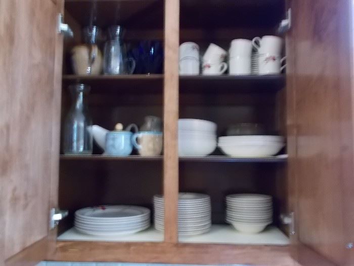 Assorted kitchenwares, everyday china, glassware, cookware.