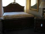 King Size/Queen Size bed with Marble post at headboard and footboard. Matching nightstand. Bed can be adjusted to Queen Size. Shown has King Size.