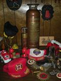 Fire Fighter Memorbilia - 2 Brass Fire Hose nozzles, hats, patches, Copper Dienter Fire Extinguisher, brass and copper bugles, posters etc.
