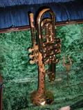 Trumpet is enhanced with etchings. Some damage.