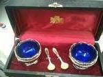 Cobalt Blue and Silver Salt Cellers with spoons in case