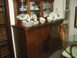 Oak Hutch with curved glass. Pull out storage. Curved glass. Late 1930's Beautiful condition.