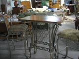 High Top Table with two High Top Chairs. Table doubles as a wine rack.