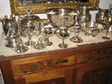 Silver Serving Pieces and Candle Holders (Chest in this picture is NOT for sale)
