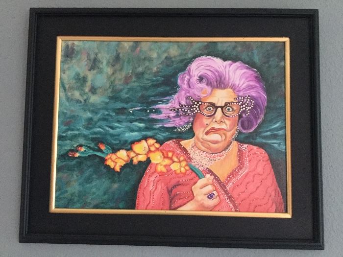 Hurricane Dame Edna Glicee of painting by David Wiemers, former Hollywood Producer, the artist responsible for almost all of the wild and wacky art noted henceforth as DW