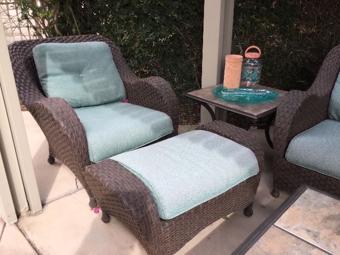 Two of two patio chair and ottoman, and end table from the Martha Stewart collection