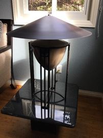 Better photo of stylish lamp with metal base and shade, pottery center, gives surprising amount of light!