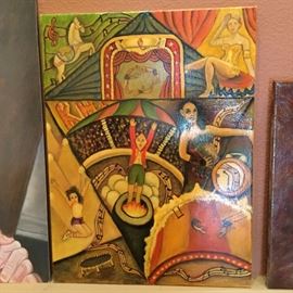 Early original painting of circus acts on canvas