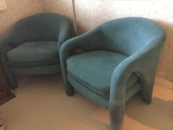 Pair of aqua/green chairs, great style lines, need clean on one leg each, see photo but great shape and easy job