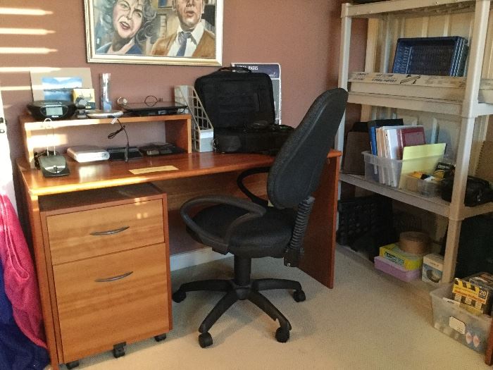 Desk with roll out file unit, office chair