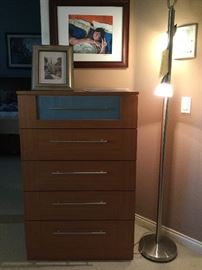 5 drawer chest, matching style to 3 drawer cabinets, tall torchbearer pole lamp