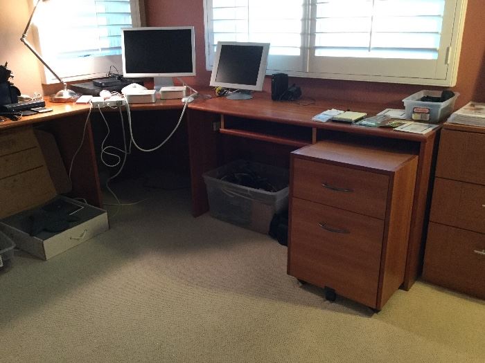 L office desk with roll out file cabinet for additional work surface