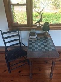 Primitive game table / desk with antique arm chair