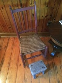 Antique chair with rush seat, primitive footstool