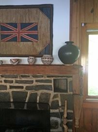 Vintage British flag hooked rug wall hanging, collection of Acoma pottery from New Mexico