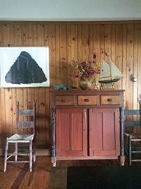 Contemporary relief sculpture of handmade paper, beautiful antique cupboard with loads of personality!