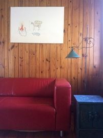 Ikea red leather couch, work on paper by Jonas DiSantos "Uncle Milton, Phila. '76"