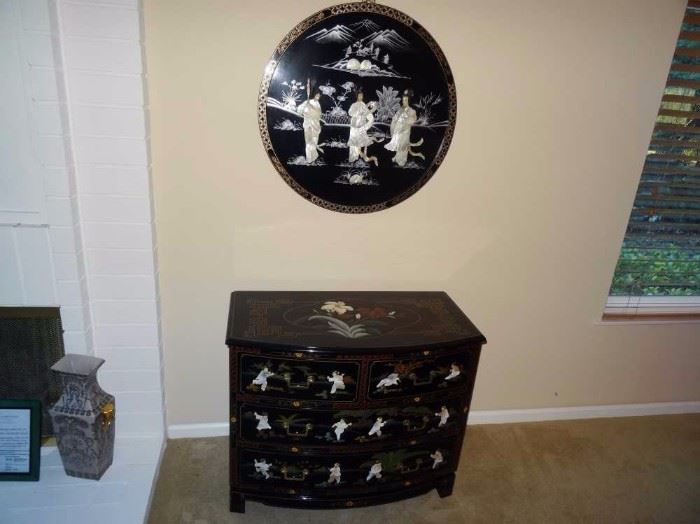 black lacquer and abalone chest and art