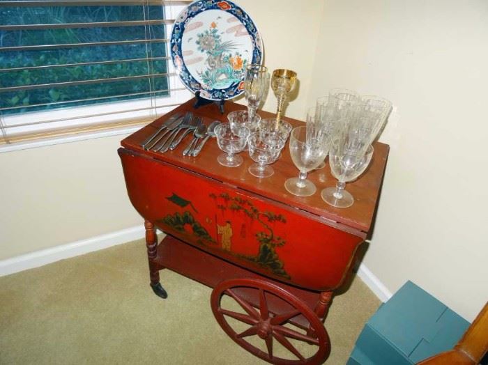 Asian painted tea cart antique crystal