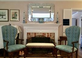 Beautifully decorated Hearth & Home, Country French High-Back, carved frame chairs; Upholstered Bench with Tassle-Fringe and Cabriole legs; Etched Frame mirror, Blue & White Tulip Vases