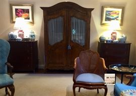Country French Armoire (lighted); Bombay Co. Chests hold Lamps & porcelains