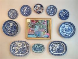 English Blue & White Transfer-ware incl. "Willow"; Chinese Celadon & Blue Dish, Imari Plate; oil by California artist Kris Sullivan, 20"x16".