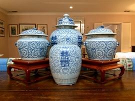 Chinese Blue & White Covered Jars