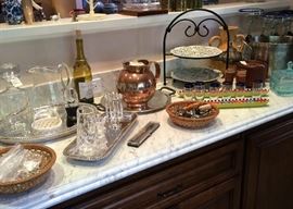 Assorted Bar and Serve-ware incl. Artisan Copper & Silver Pitcher