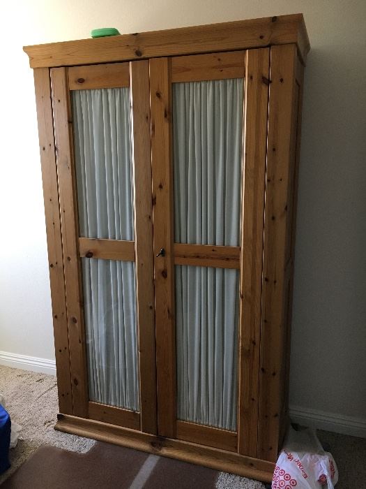 Lovely wood armoire. IKEA. With shelves & curtains