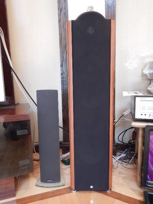 PAIR OF KEF 205 FLOOR SPEAKERS, AND TO THE LEFT IS PAIR OF MYTHOS TWO FLOOR SPEAKERS BY DEFINITIVE TECHNOLOGY