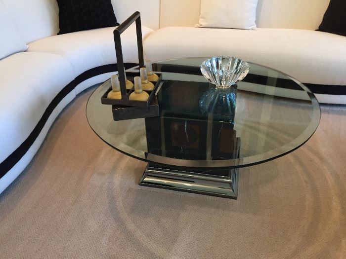 Black Garmish Marble and Smoked Chrome base with a 44"round beveled glass top table